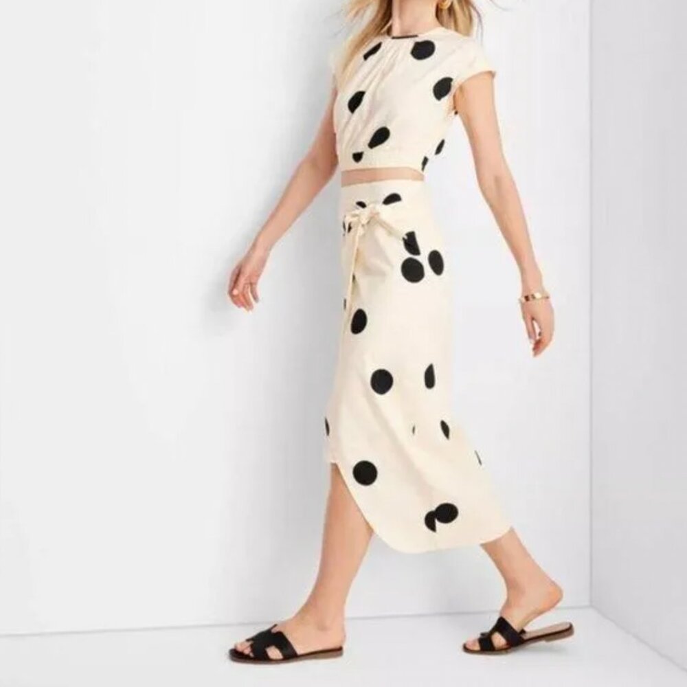 NWT Side-Tie Sarong Midi Skirt - Future Collective Cream/Black Polka Dots Sz 00